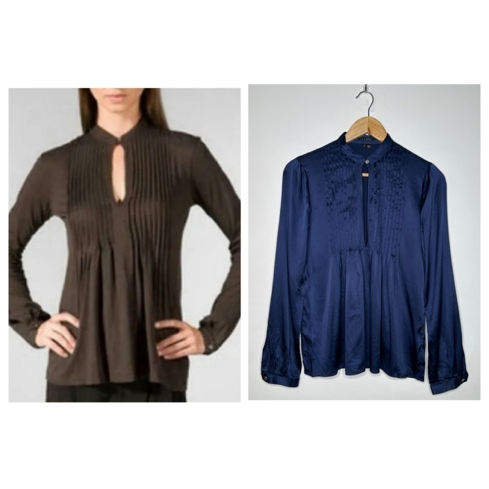 Theory Navy Bianca Silk Pleated Blouse Size Petite